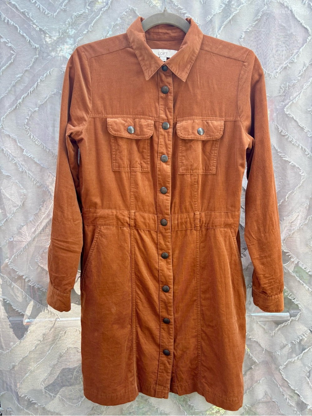 LOFT Corduroy Mini Pocket Button Down Shirtdress in Argan Oil Rust Brown Size 4
